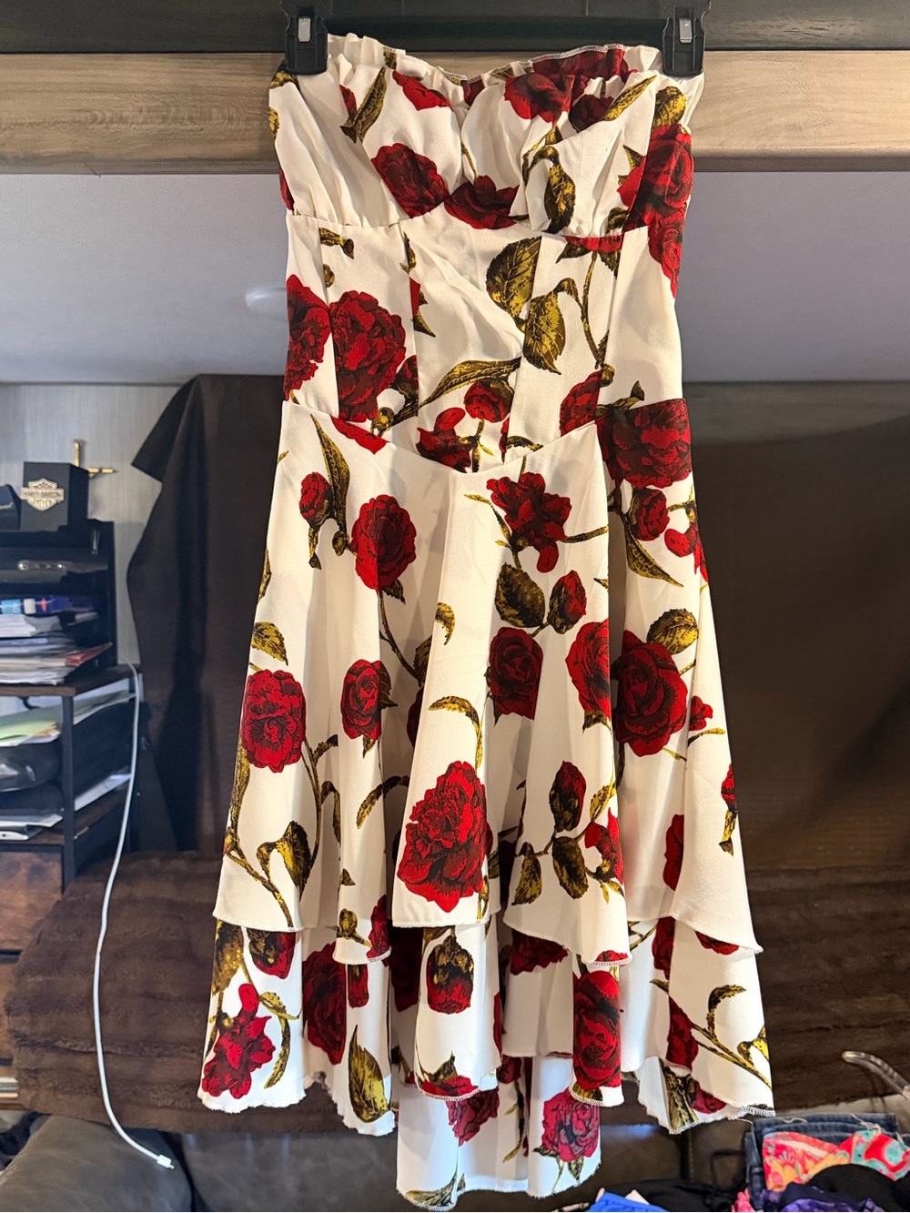 Strapless White Dress with Red Rose Print
